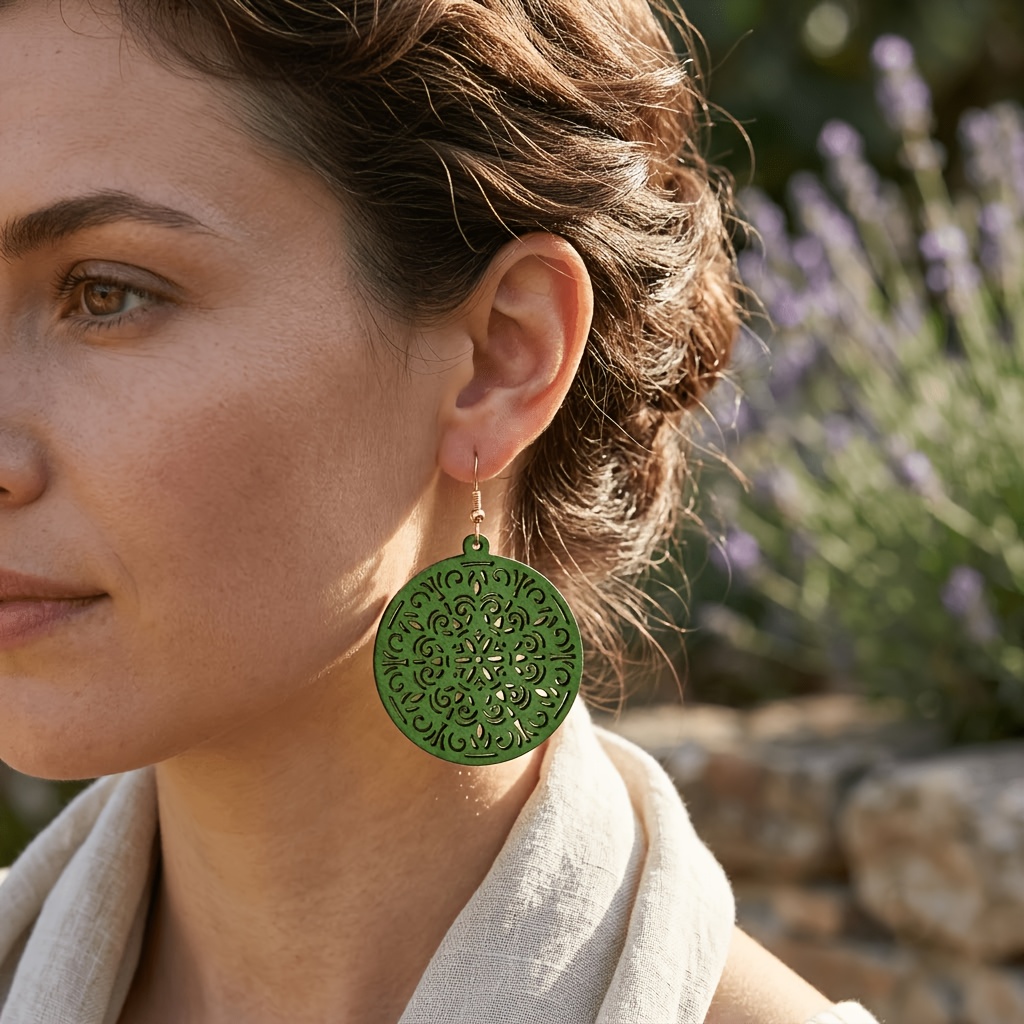 4-Pair Vintage Round Mandala Wooden Drop Earrings Set