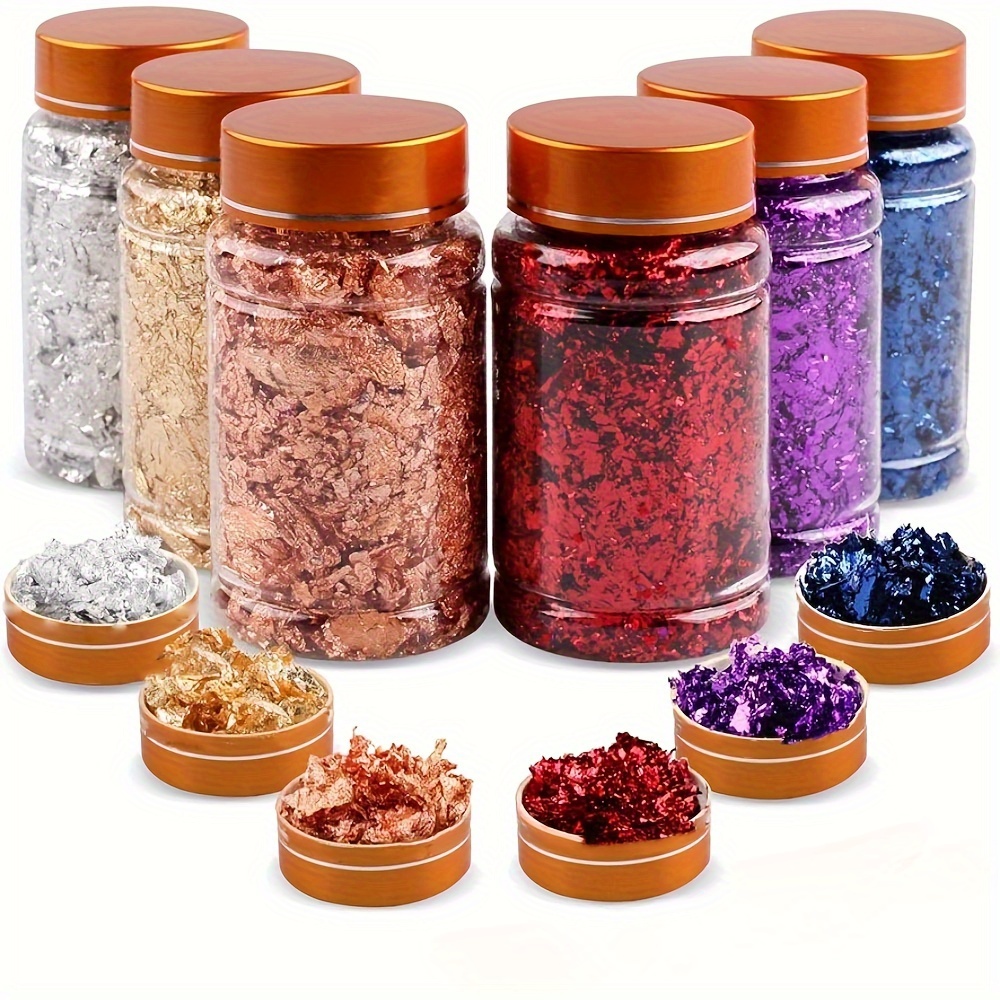 

6pcs/pack Gilding Glitter Flakes Set, 3g Each Box, Golden Leaf Metallic Foil Flakes, Multi-color (golden, Silver, Copper, Red, Blue, Purple) With Tweezers For Painting, Arts & Resin Crafts