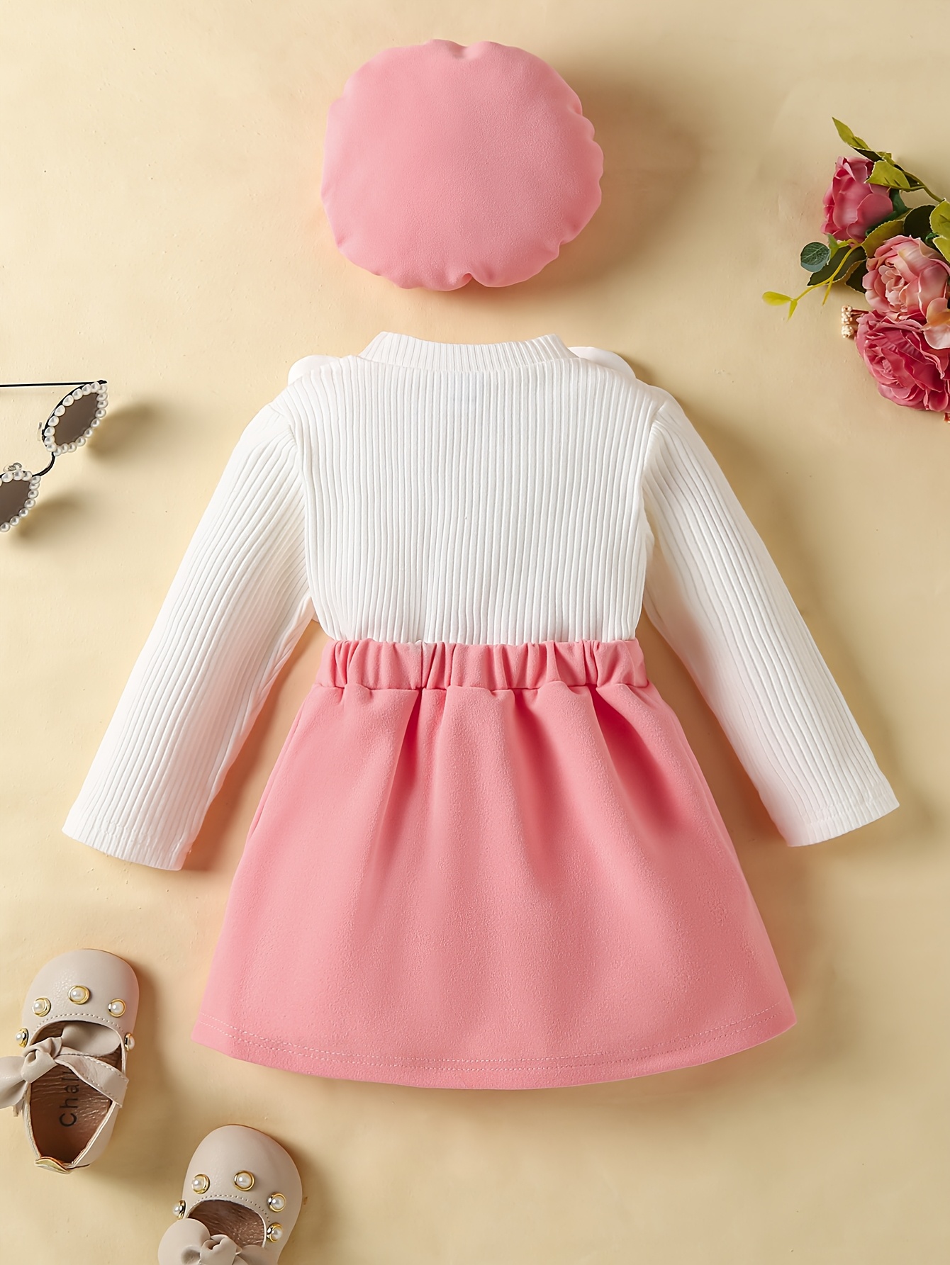 newborn baby girls set 3pcs spring autumn fashionable dress with   bow and floral embellishments long sleeve half length skirt with hat   outdoor Product details 0