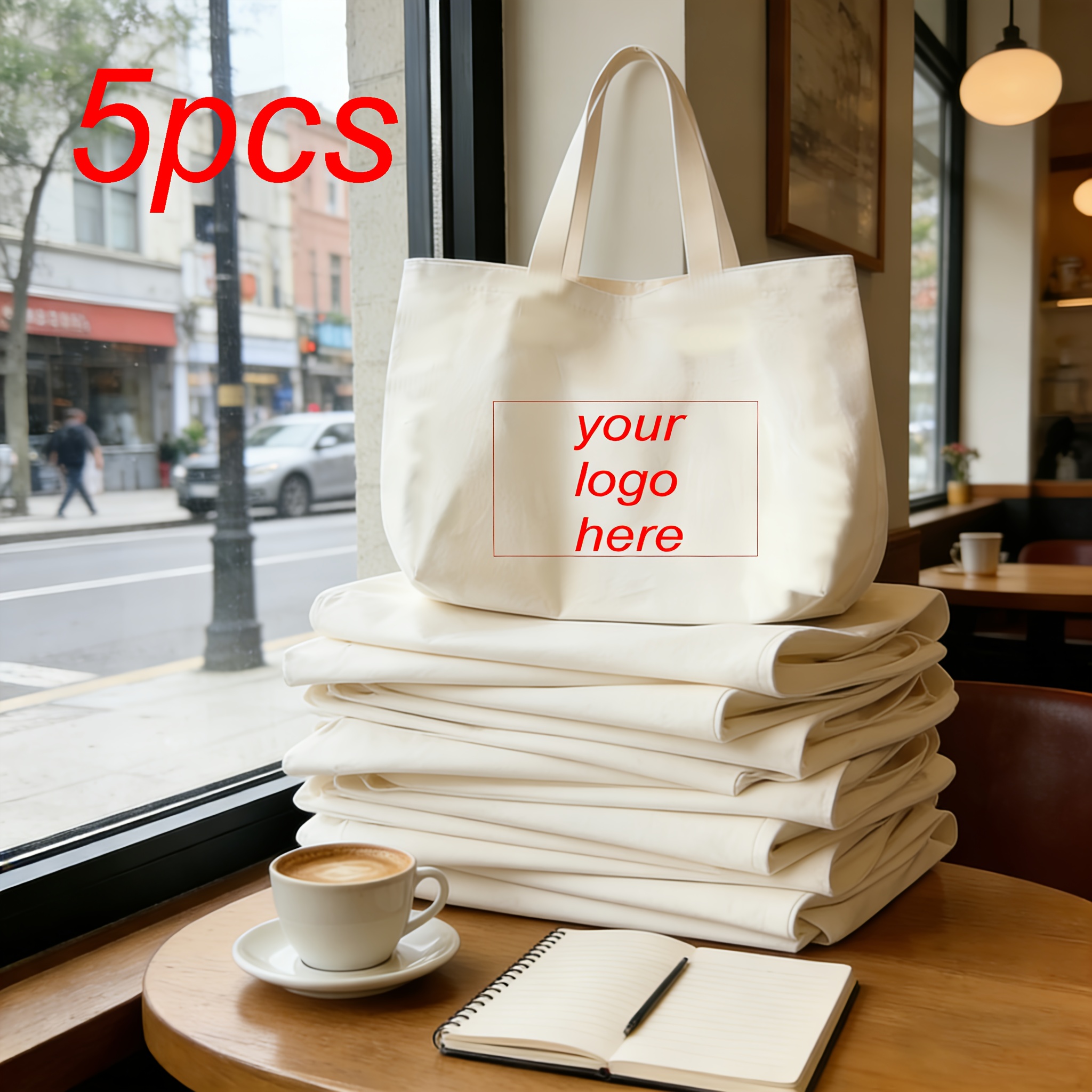 TEMU 5pcs Custom Women's Tote Bag With Wide Straps - Printable Text & Images, Large Capacity Travel Tote Made Of 10oz Fabric With Textured Surface -
