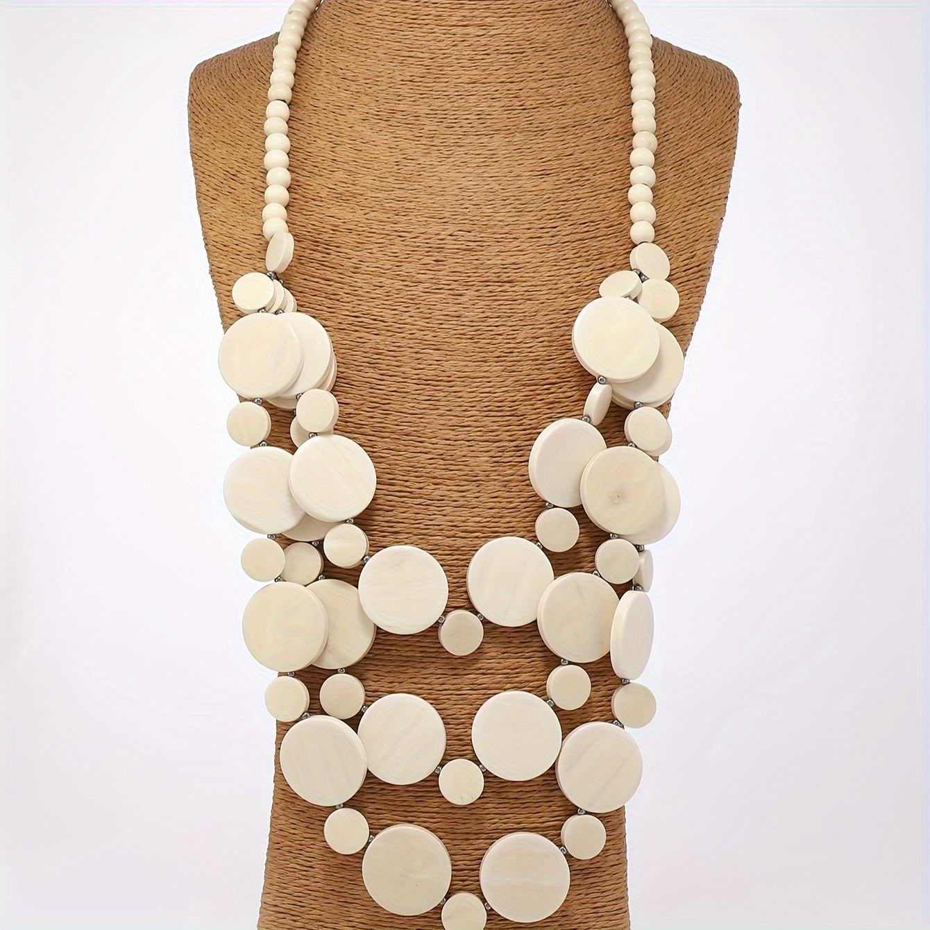 

Ethnic Style Long Multilayer Wooden Beads Retro Necklace White Color Beads Statement Necklace