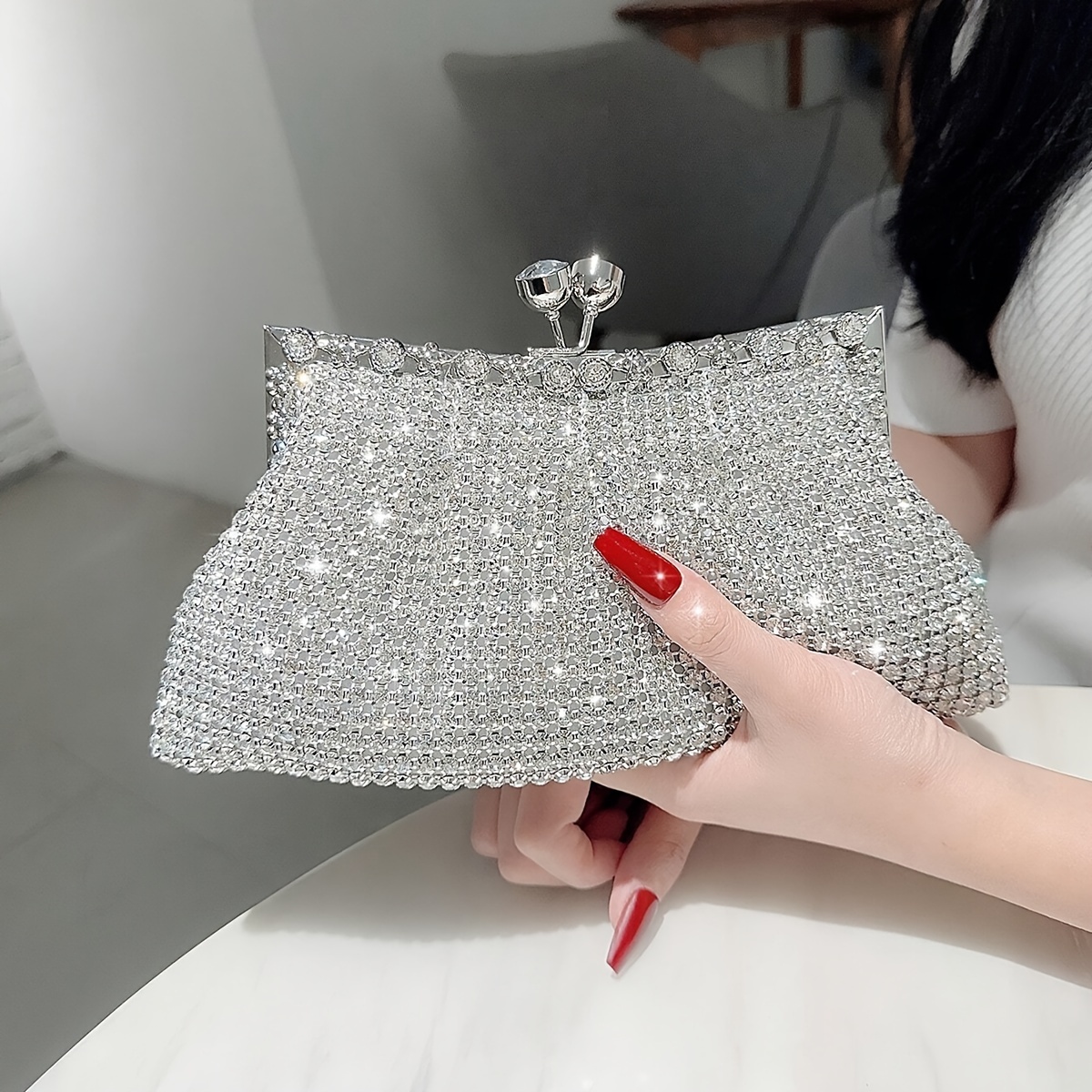 Image of Shiny Rhinestone Decor Evening Clutch Bag, Exquisite Small Square Bag Party Prom Bag For Music Festival Wedding, Prom And Party