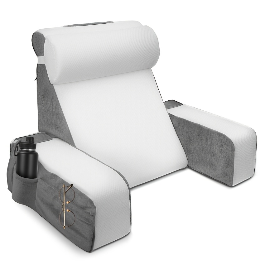 Image of Large Reading Pillow With Removable Neck Roll And Armrest, Back Pillow For Bed, Ergonomic Backrest Pillow With Arm, Pocket, And Washable Cover For Reading And Watching Tv.