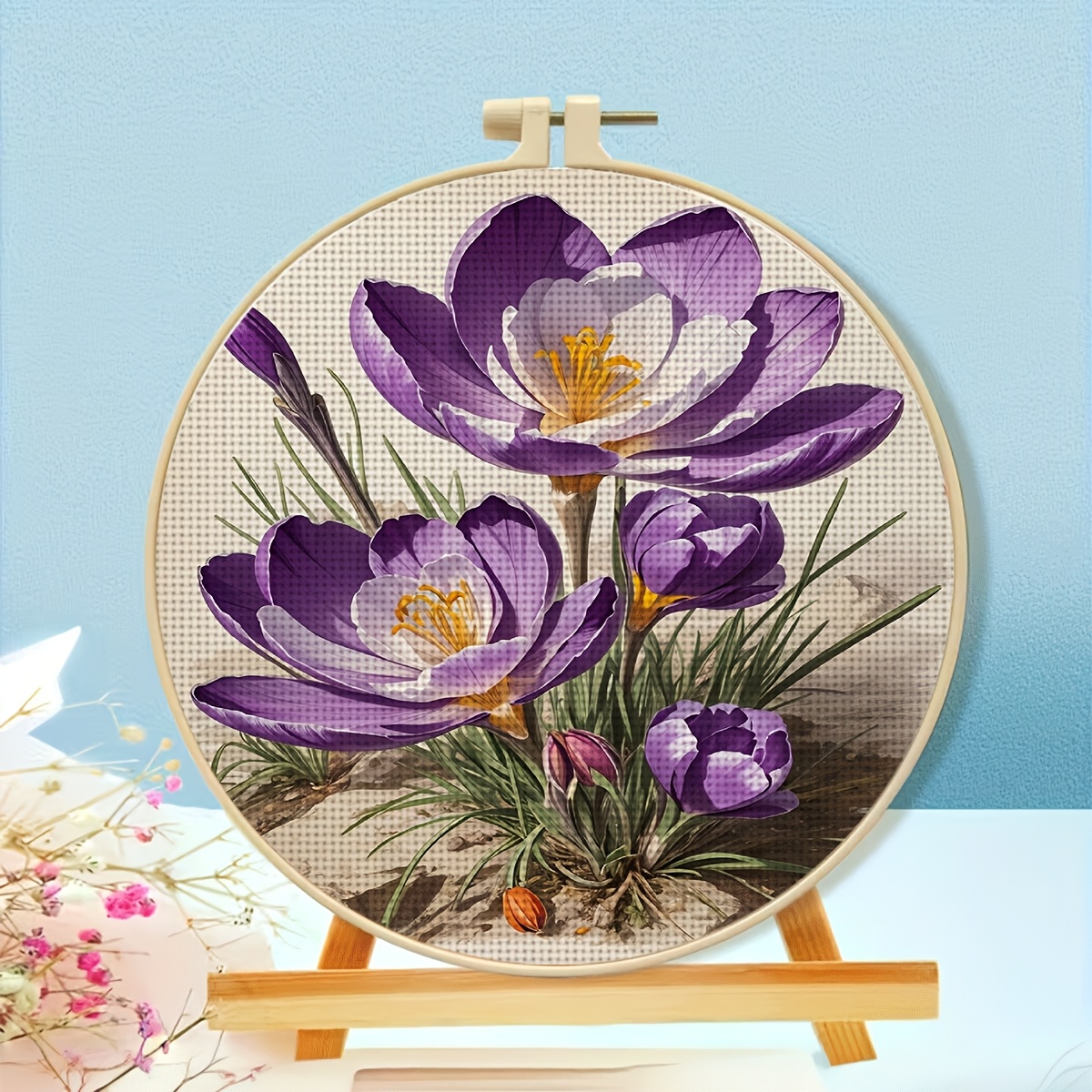 11CT Printed Fabric Cross Stitch Kit, Purple Flowers Blooming