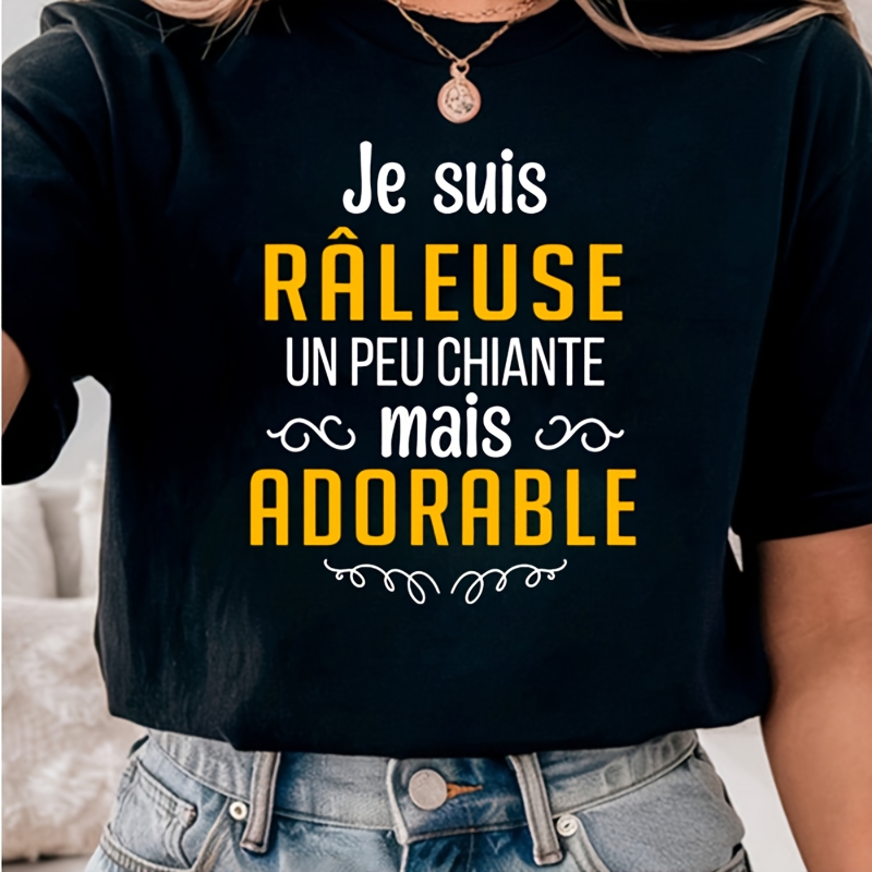 

Chic T-Shirt Noir pour Femme avec Française - " Railleuse" , Col Rond Décontracté, Haut à Manches Courtes, Mélange de Polyester Léger, pour l'Été