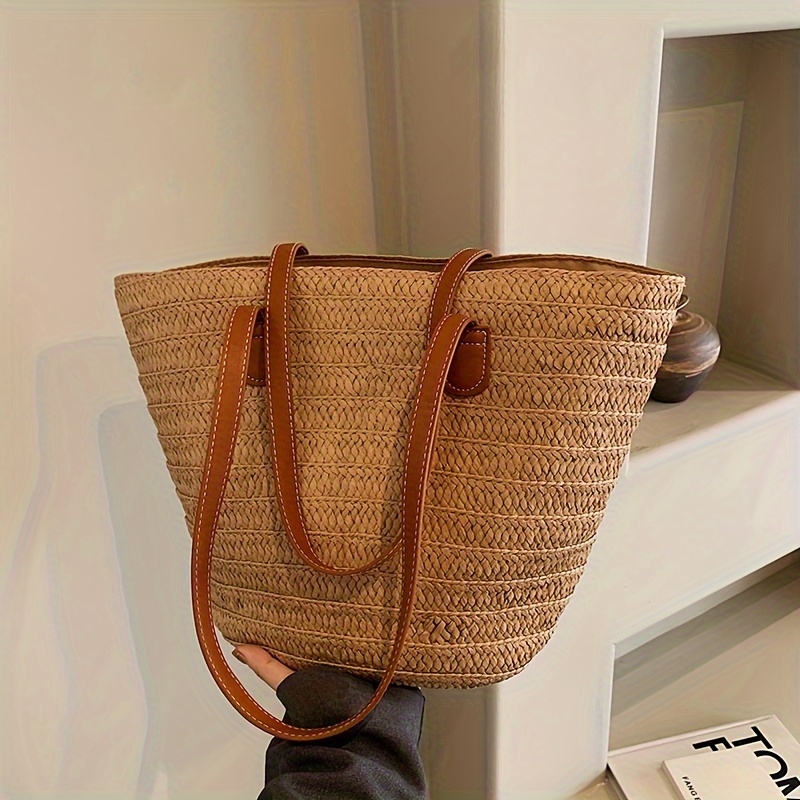 

Sac Fourre-tout À Bandoulière Tissé En Paille Chic, Sac À Main De Grande Capacité Pour Femmes, Sac De Vacances À La Plage Polyvalent Et Décontracté, 1 Pièce