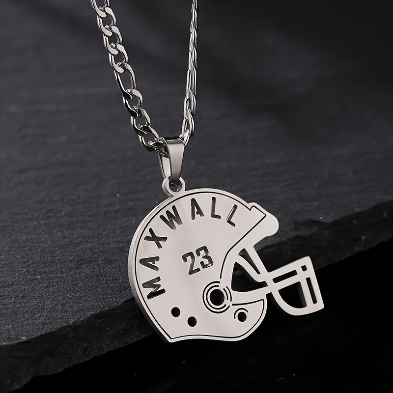 

1pc Customized Football Fans Name And Number Necklace Stainless Steel Hollow Helmet Pattern Pendant Chain, Athletes Sport Accessories