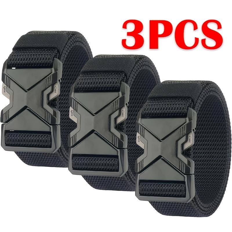 TEMU 3pcs Men's Tactical Nylon Stretch Belt Set, X-, Quick-release , Adjustable Waistband, Durable Stretch Work Belt, Suitable For Hiking, Golf,