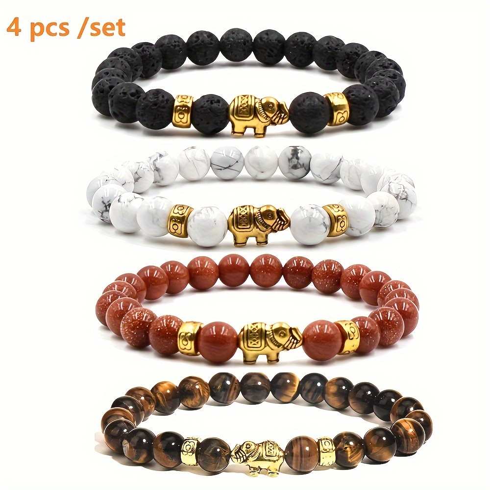 

4pcs Boho Elephant Charm Bracelets Set - Natural Stone Beads, Tiger Eye, Lava Rock & Howlite, Unisex Stretch Jewelry, Perfect Father's Day Gift