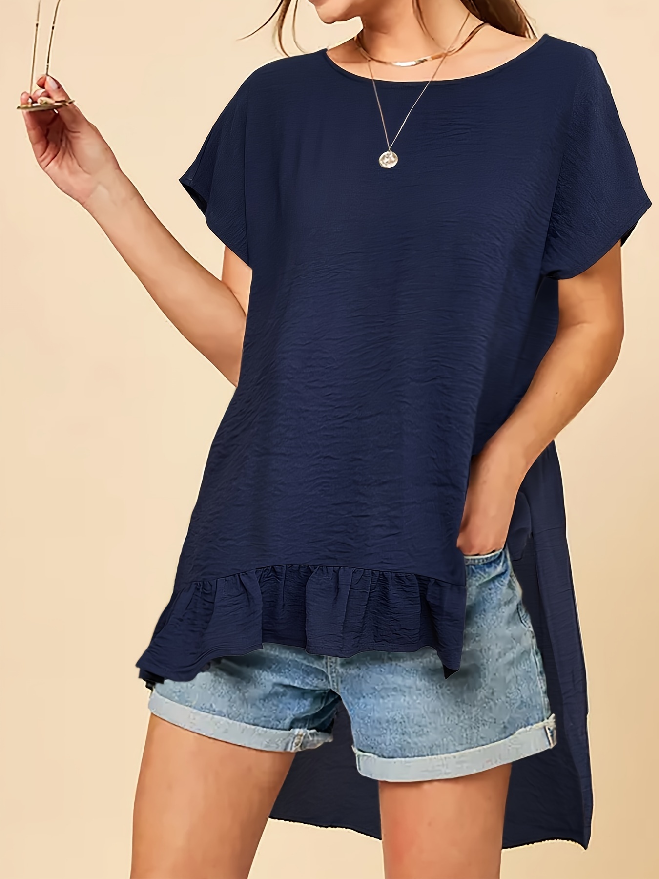 Women's T shirts Loose Fit Crew Neck Ruffle Sleeve Summer - Temu