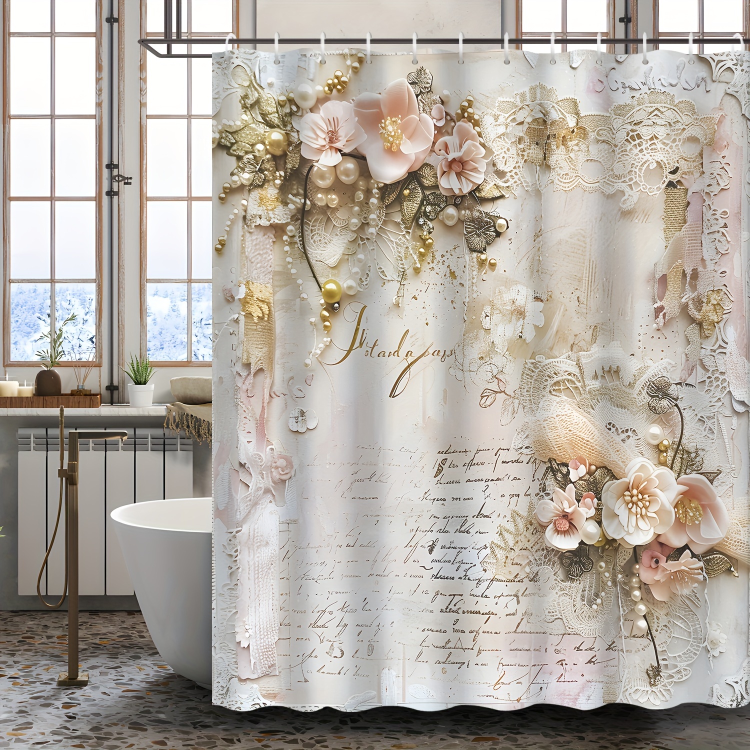 

Rococo Style Dreamy Vintage Lace Pearl Floral Shower Curtain Set With 12 Hooks, Water-resistant Polyester Bath Decor, Grommet Top Woven Unlined Curtain With Artistic Flower Pattern, Machine Washable