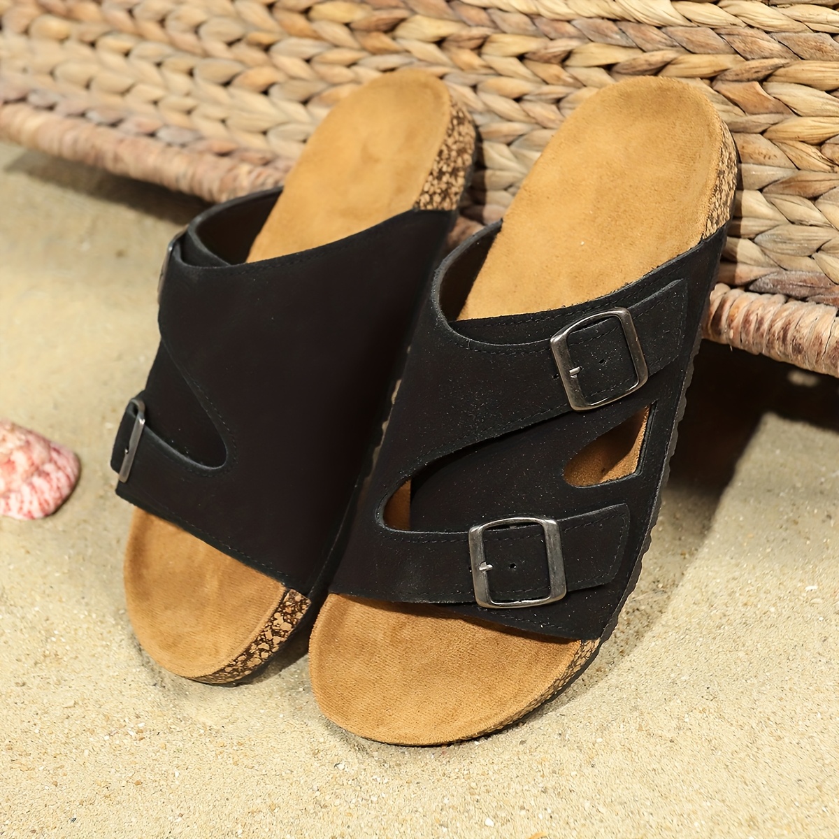mens adjustable double   slide sandals casual beige upper with brown sole non slip durable for indoor outdoor use details 2