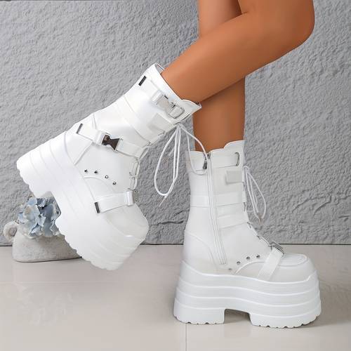 womens metal rivet multi strap solid color round toe calf boots with thick platform chunky heel punk for daily wear parties music festivals autumn and winter boots women shoes