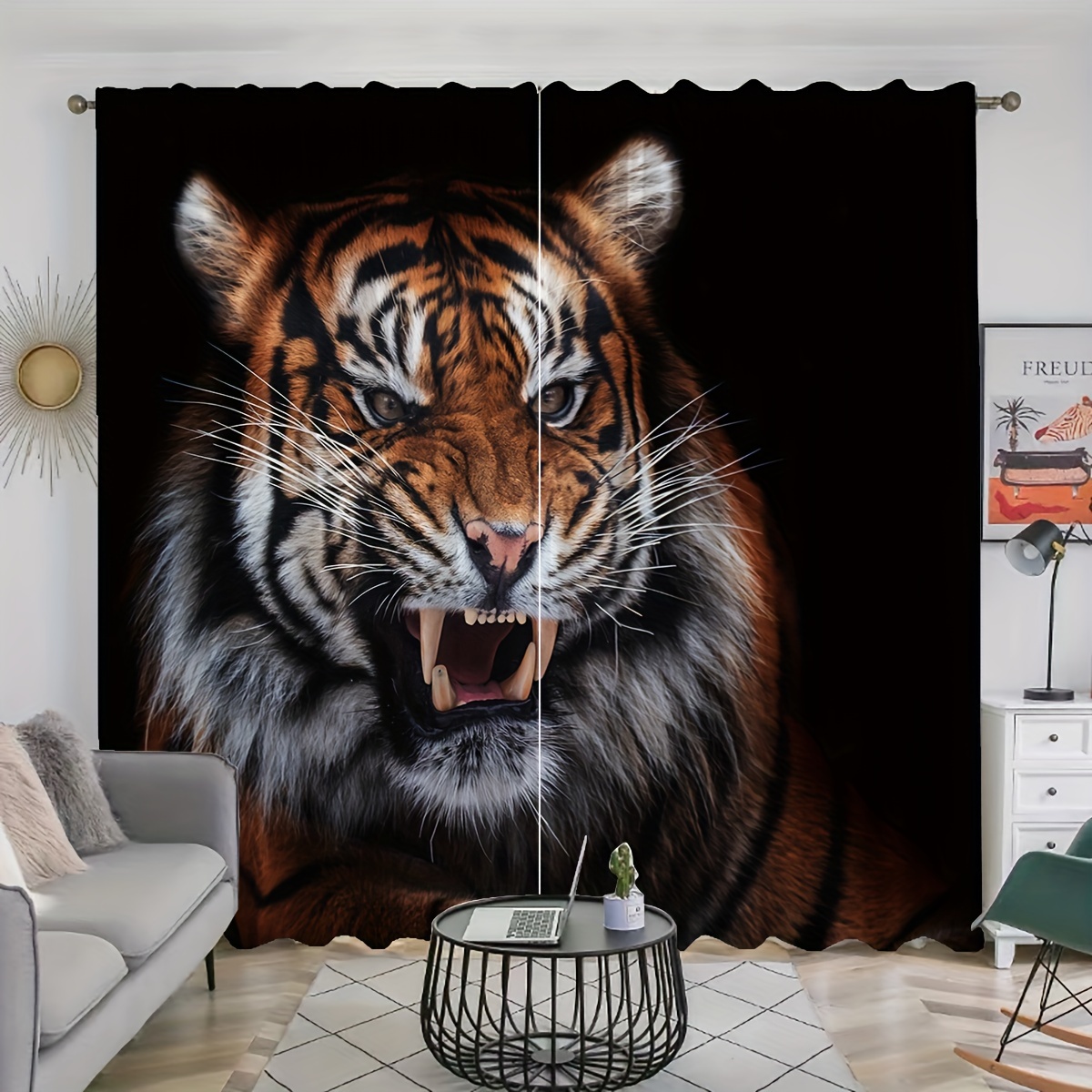 

2pcs, Sumatran Tiger And Tiger Printed Curtains, Rod Pocket Curtain, Suitable For Restaurants, Public Places, Living Rooms, Bedrooms, Offices, Study Rooms, Home Decoration
