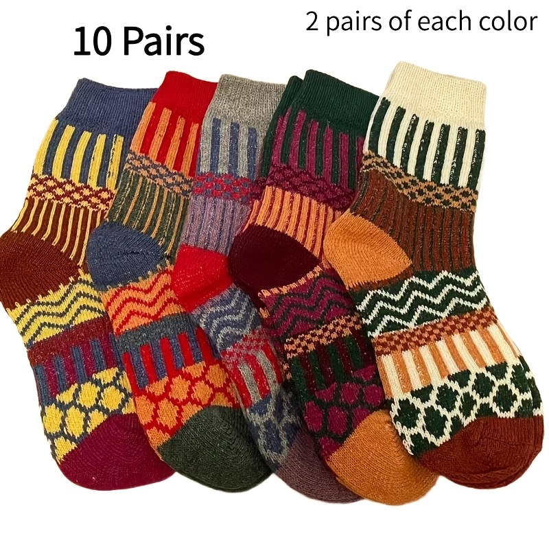TEMU [10 paires] Nouvelles chaussettes épaisses et chaudes pour femme en laine de lapin pour et l'hiver, à rayures verticales, style ethnique