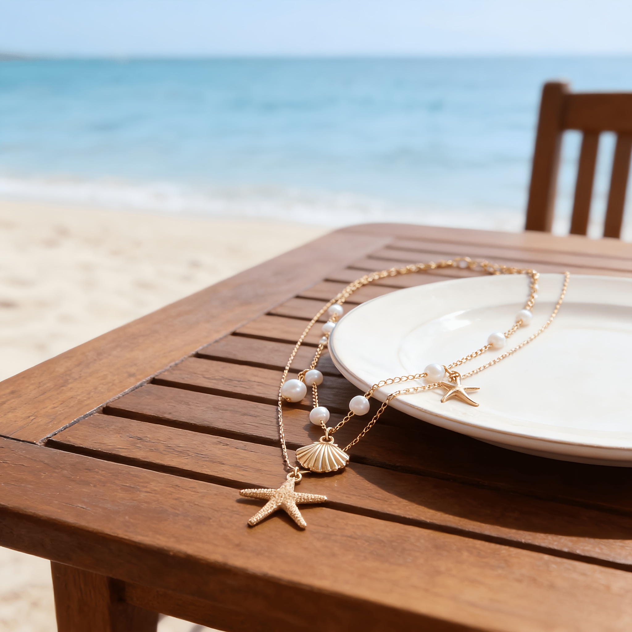 Women's Golden Layered Beach Necklace for Summer