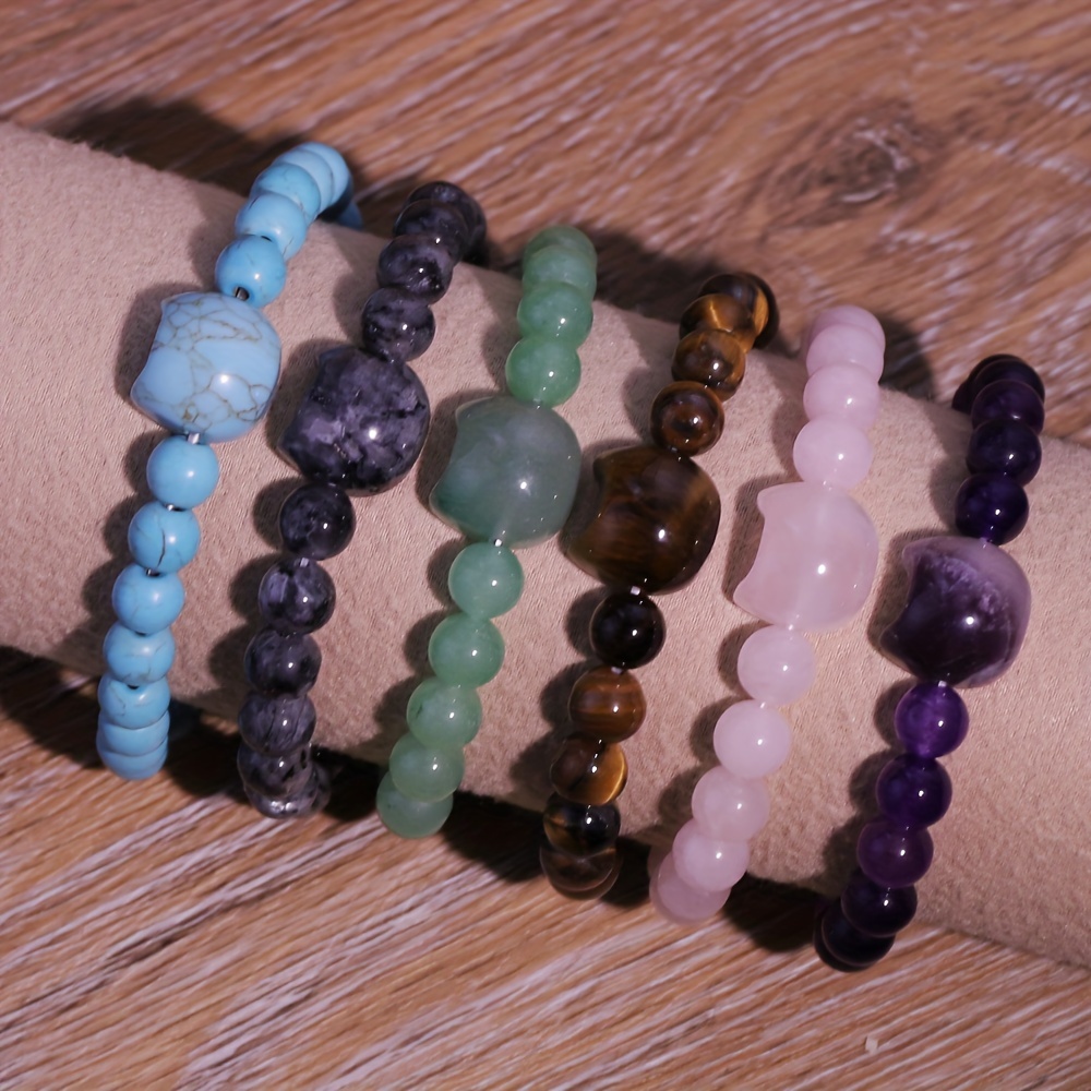 Cat Themed Stone Bracelet in Rose Quartz, Turquoise & Amethyst