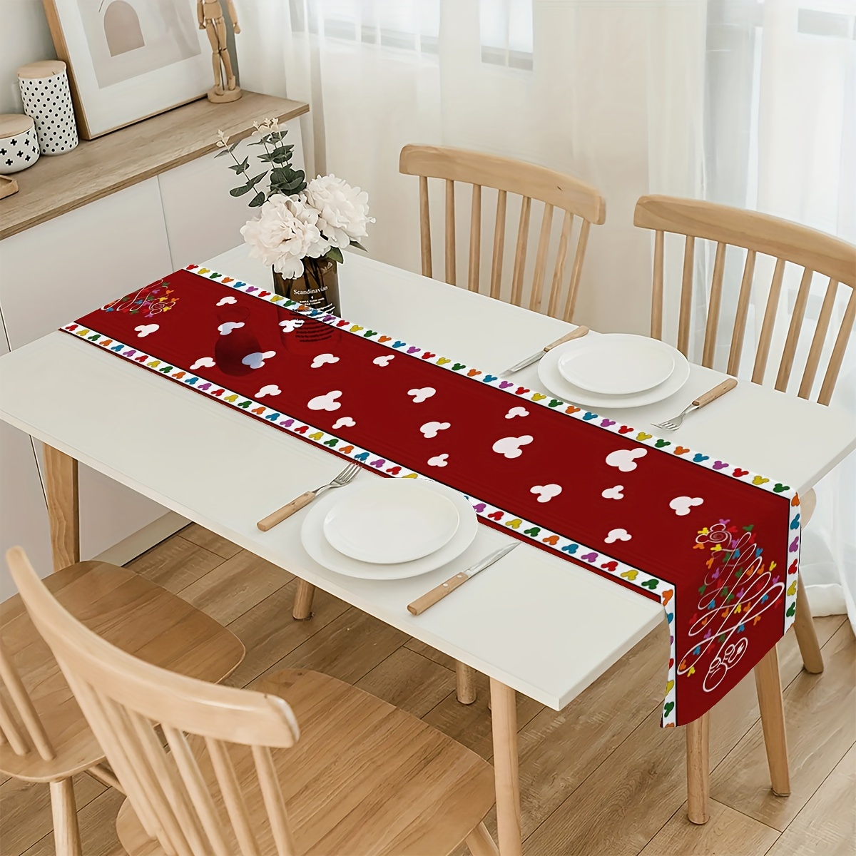 

Christmas Cartoon Mouse And String Lights Pattern Table Runner – 100% Polyester, Rectangle Dining Table Cover For Holiday Party And Home Decor, Machine Made Weave, Fits Table Sizes