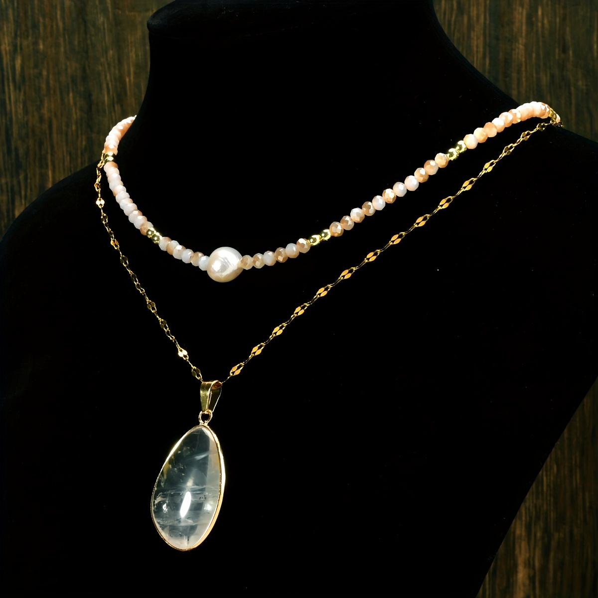2pc Set Baroque Freshwater Pearl Necklace Quartz Pendant Necklace
