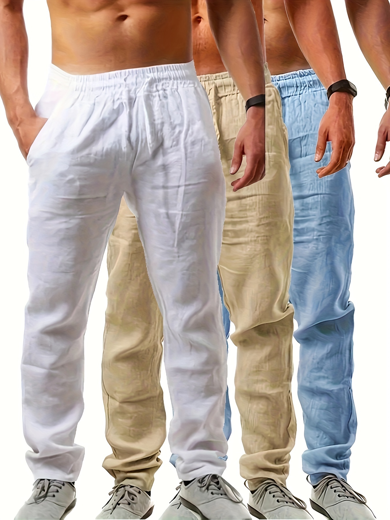 3 pack mens cotton casual pants   waist loose fit solid color trousers non stretch woven fabric regular length for   130gsm 0