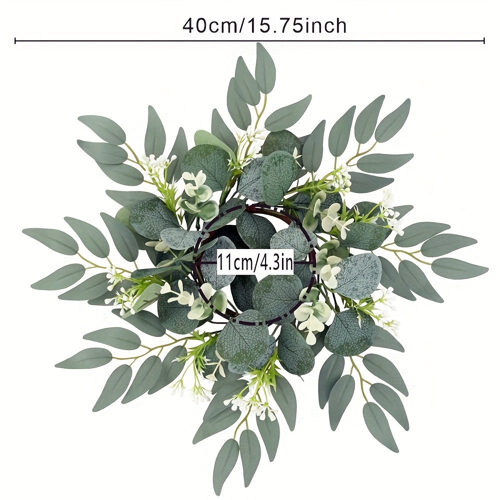 4 Inch Round Candle Ring, Artificial Eucalyptus Wreath For Kitchen Cabinet Wall Window Spring Summer Theme Party Tabletop Decor, Plastic, No Electricity Needed, Featherless