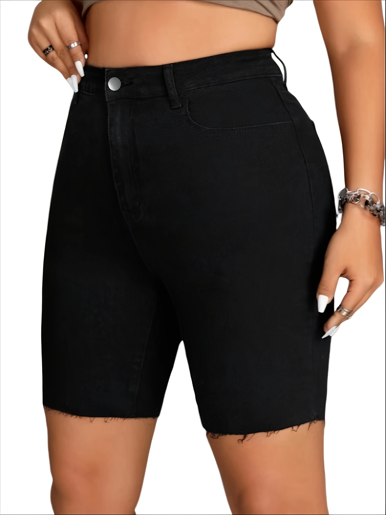 women's plus size black stretch denim shorts thigh Temu Hungary