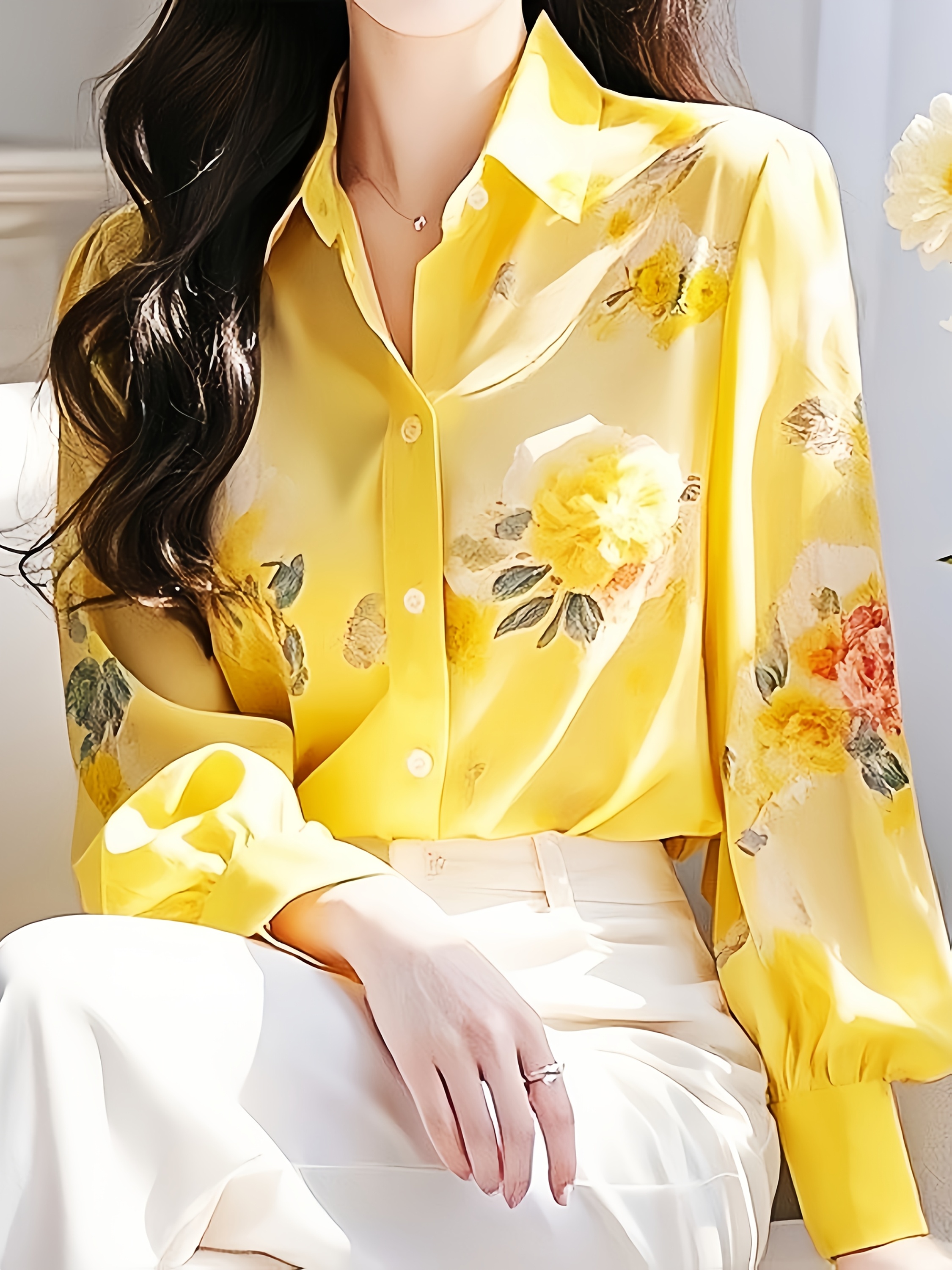 womens mustard yellow floral print blouse - Temu South Africa