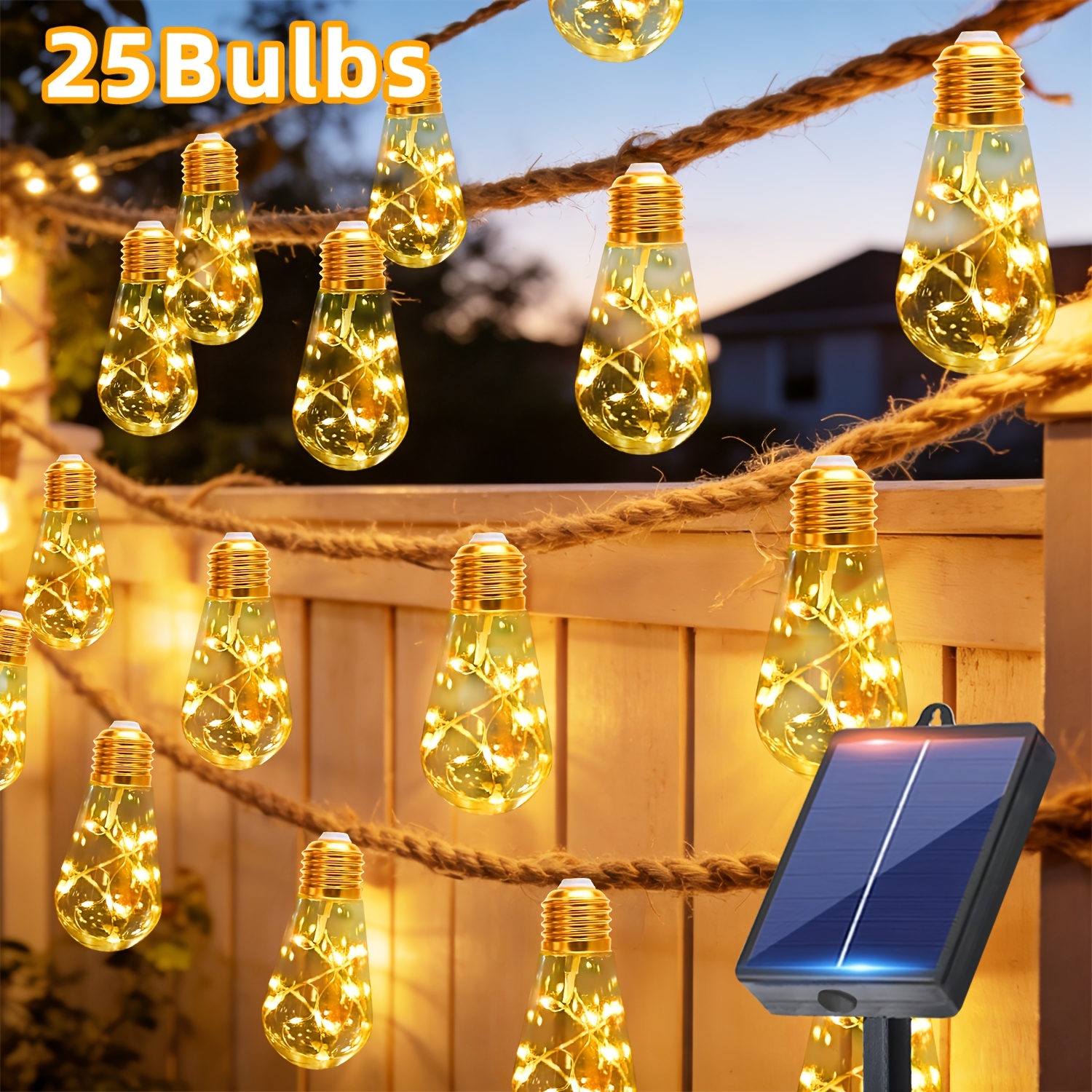 Image of Solar Outdoor Fairy Light Bulb String Light, 25/10 Retro Hemp Rope Hanging Courtyard Light Strip, 12 Flashing , Suitable For Birthday Parties, Courtyards, Fences, Shops, Weddings, Camping, Trees