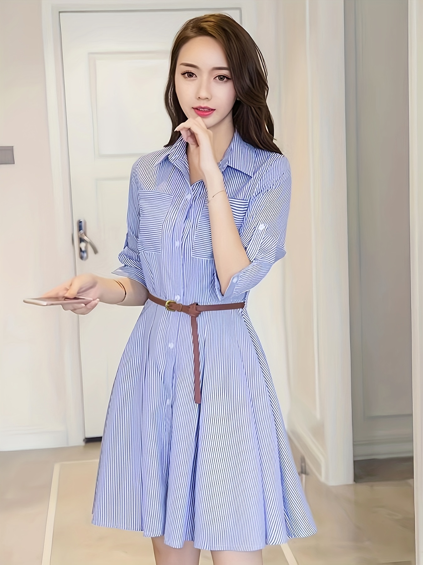 vestido camisa casual feminino com listras Temu Brazil