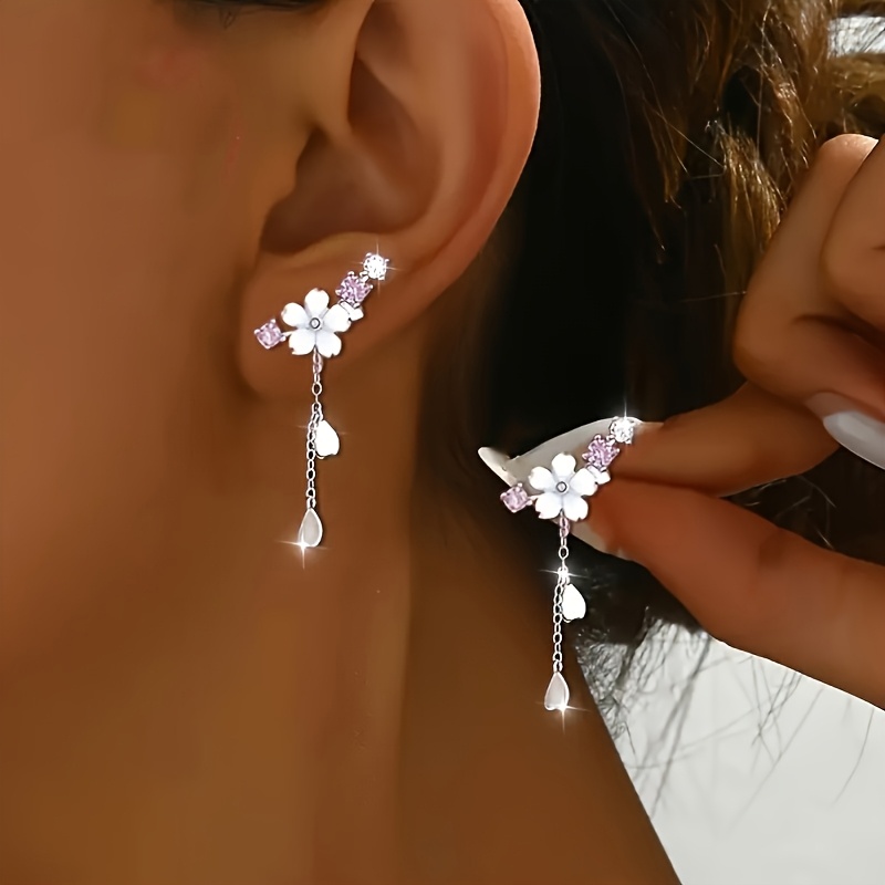 E-shop Paar Kirschblüten Quasten Elegante Klassische Blumen Ohrringe, Eingefasst mit Exquisiten Synthetischen Zirkonia, Ideales Geschenk für Freunde.