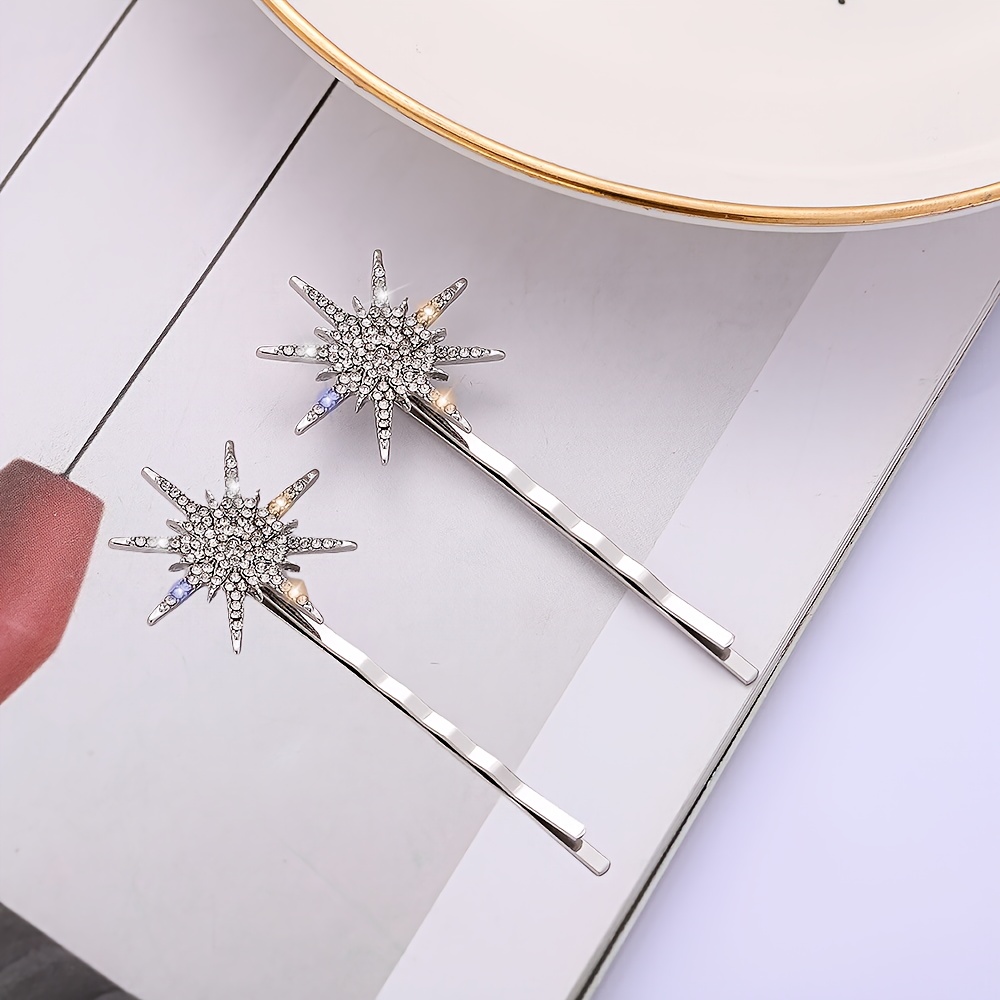 Image of 2pcs Elegant Rhinestone Star Decorative Hair Clips Vintage Hair Side Clips Barrettes For Women And Daily Use, Bangs Clip, Hair Accessories, , Star Shape