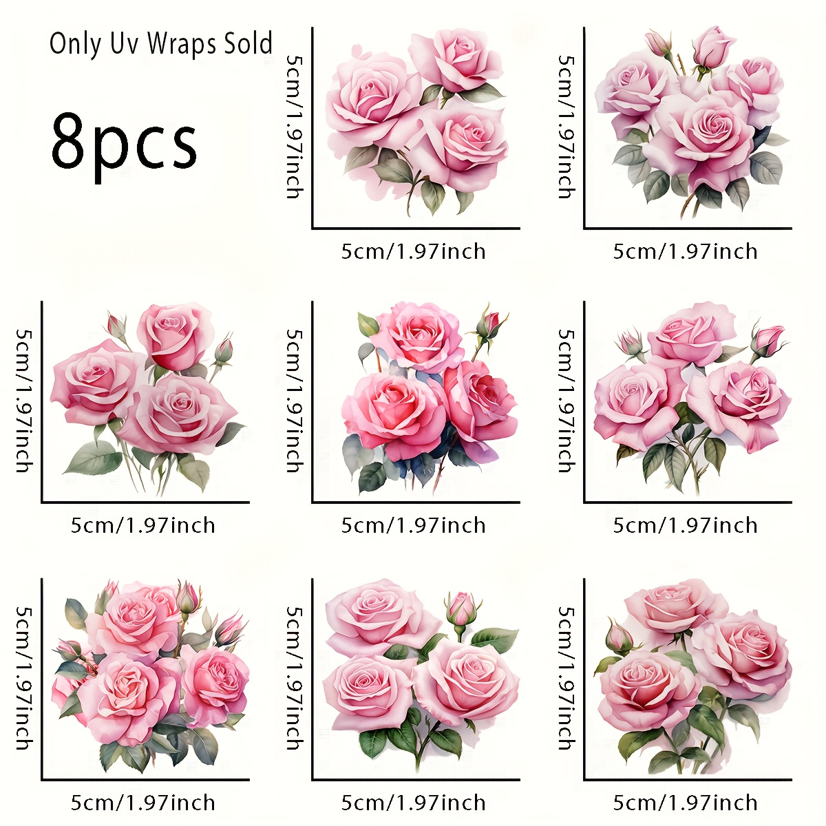 Image of 8pcs Watercolor Rose Pattern Uv Dtf Cup Transfer Paper For Decorating Mugs, Cups, Bottles, School Supplies, Etc., Crafts, Art Supplies