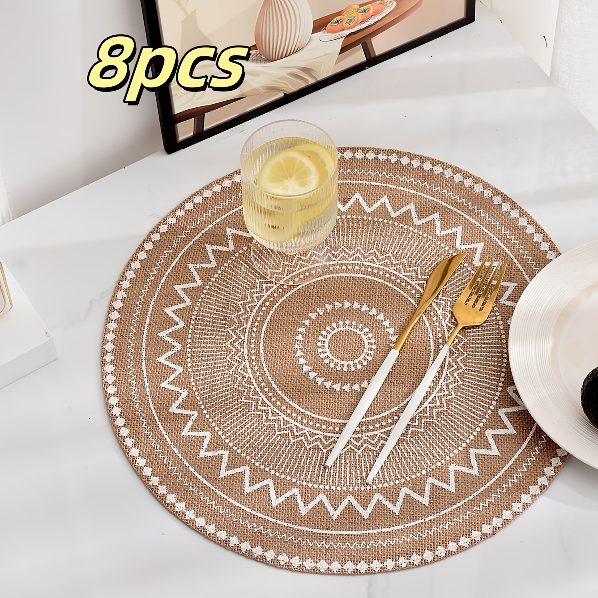 Image of 4/6/8pcs Round Jute Placemats, Non-slip Tableware Mats Round Bohemian Table Mats For Kitchen Wedding Home Decor And Christmas Party Decoration
