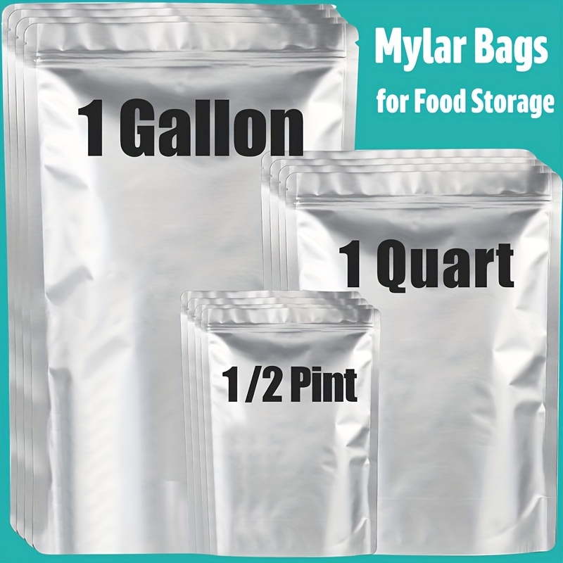 

100pcs, Mylar Bags For Food Storage, 10 Mil Thick 3 Sizes (1 Gallon, 1 Quart, 1/2 Pint) - Stand-up, Resealable & Heat Sealable For Long Term Food Storage