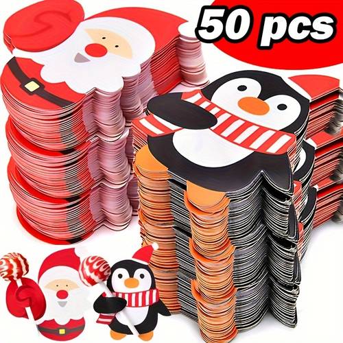50/100 Christmas Lollipop Wrappers with Cartoon Santa, Penguin, and Snowman Designs - Children's Candy Gift Bags for New Year Party Decorations