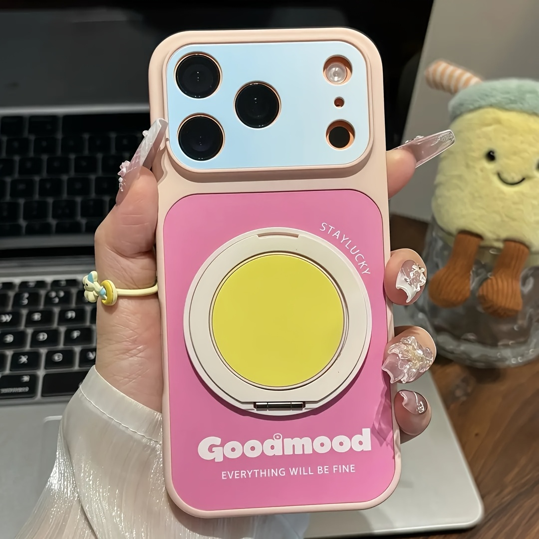 TEMU Phone Case: 2pcs Set: Phone Case + Rotating Stand. Stylish And Dopamine-inspired Color-block Lettered Phone Case With A Cute Stand. Suitable For