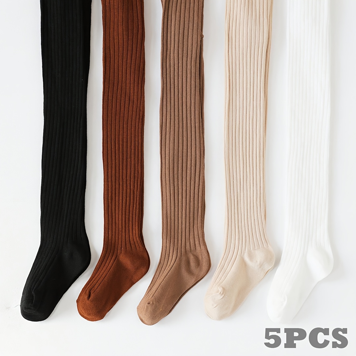 

5pcs Girls' Solid Color Ribbed Leggings - Soft Polyester & Spandex , Stretch Pantyhose In Black, , Brown, White, & Cream - Hand Wash Only