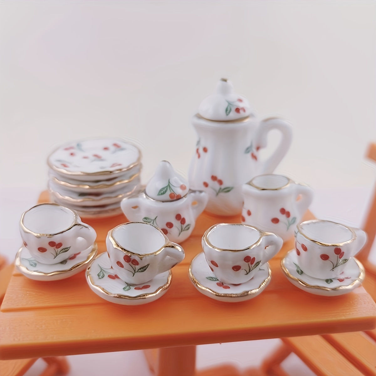 

1:12 Scale Miniature Chinese Ceramic Tea Set With 15 Pieces, Floral Pattern Resin Kitchen Porcelain Accessories For Dollhouse Home Decor Gifts.