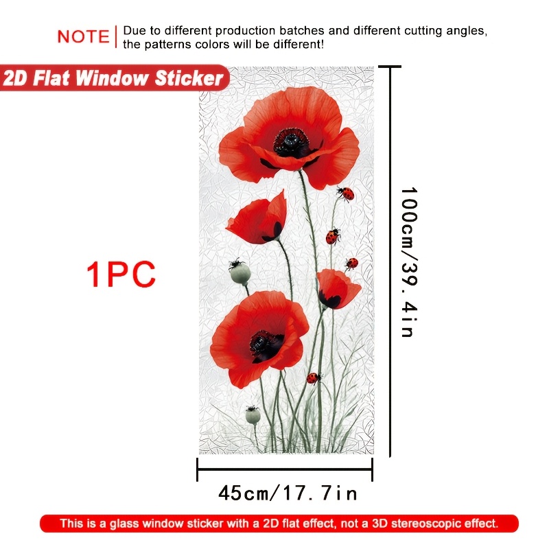 TEMU 2d Flat, 1pc 2d Flat Crescent Window Sticker, Red Poppies With Ladybugs On Stemspattern, The Sunlight A Colorful Effect, Privacy