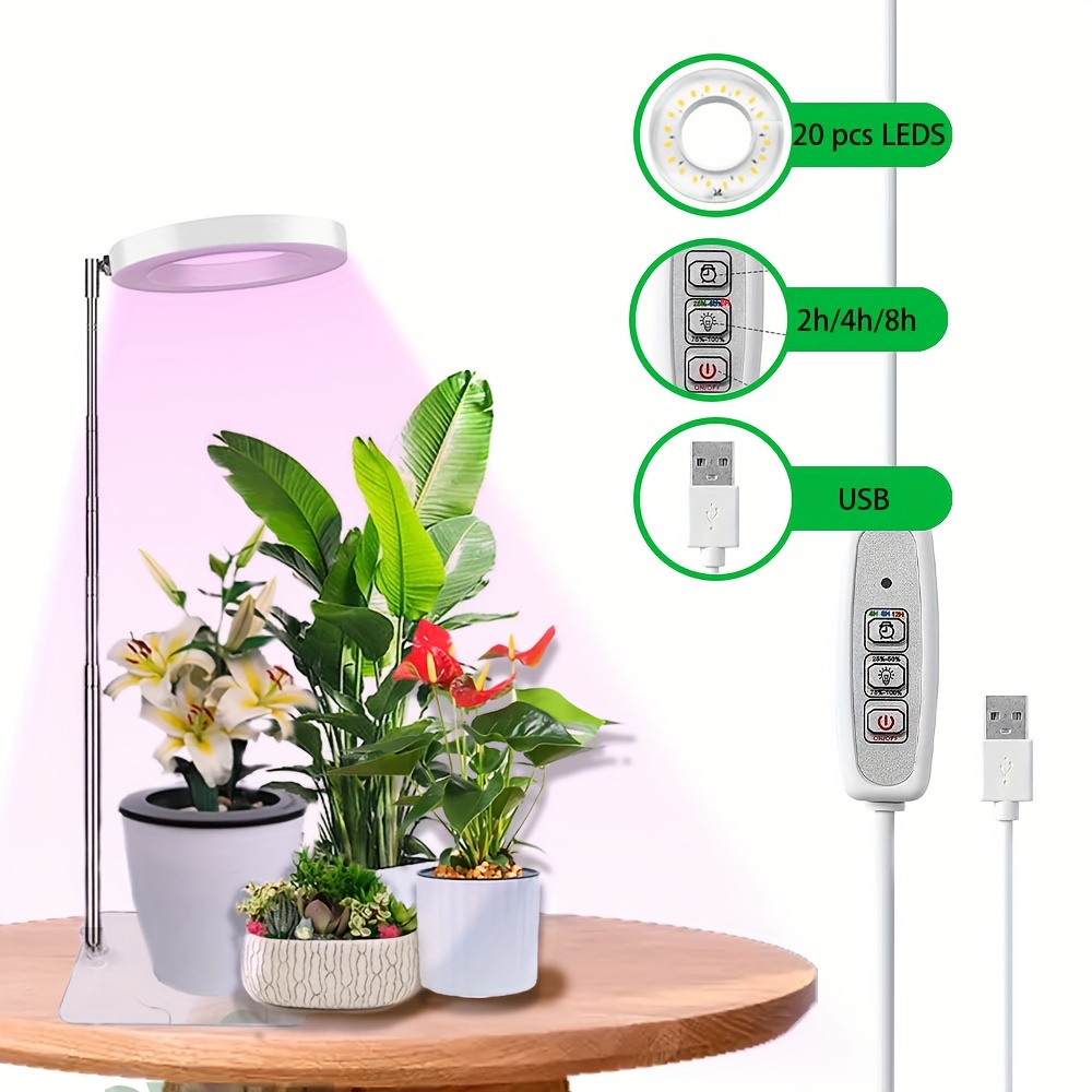 

Plant Grow Light Led Grow Light Indoor Full Spectrum Height&angle Adjustable Ring Usb 5v Growing Lamp With Auto Timer 2/4/8 H With 3 Heads For Seeds And Succulent