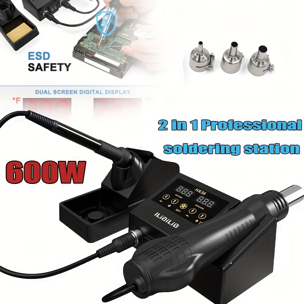 2-in-1 Hot Air Soldering Station 700W With LED Display - Adjustable Temp & Airflow, ESD Safe