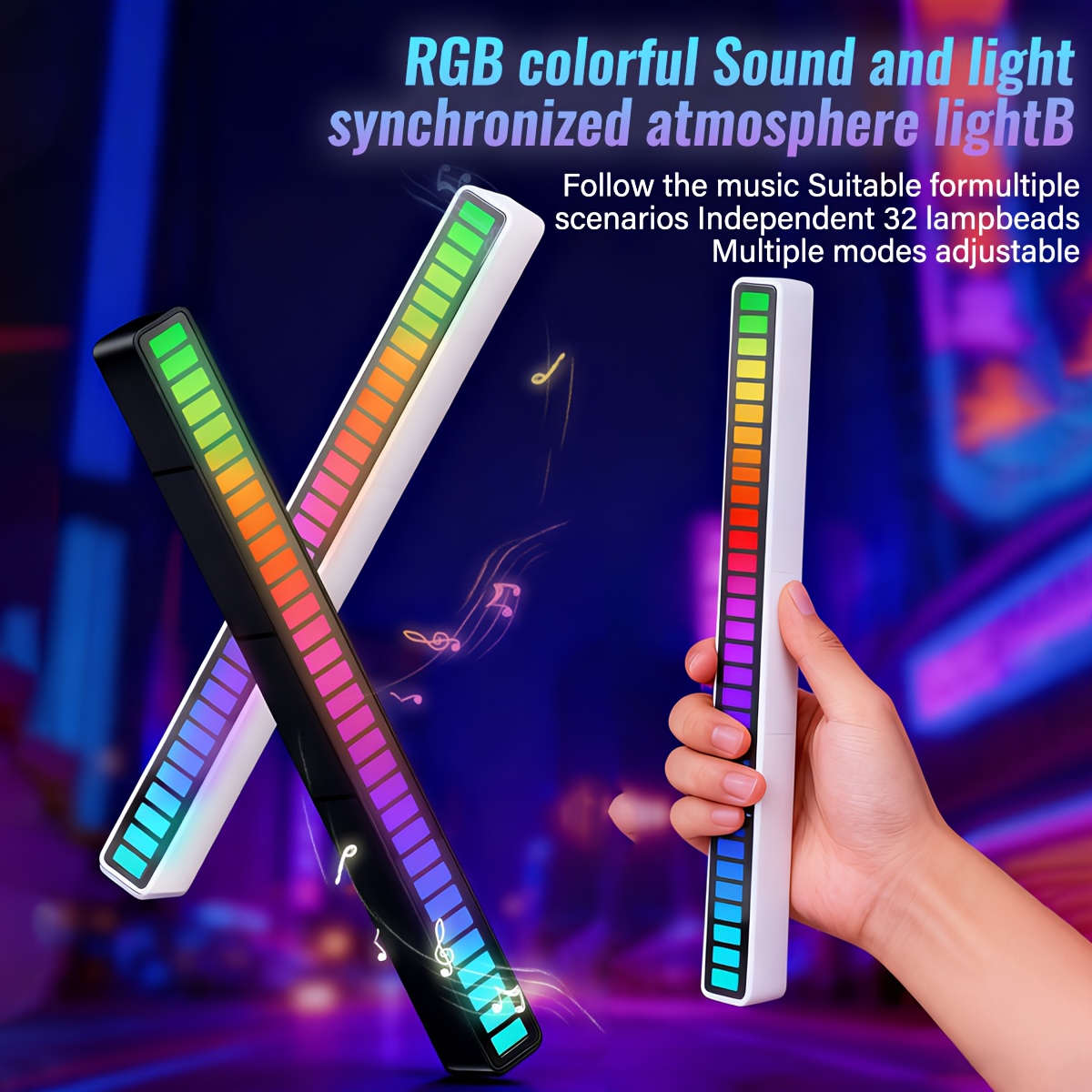 Комплект от 2 RGB LED светлини за пикап, които отговарят на звука, създавайки живи атмосфери за гейминг, партита и употреба на бюро. Тези USB-акумулаторни светлини сменят цветовете си в синхронизация с музиката.