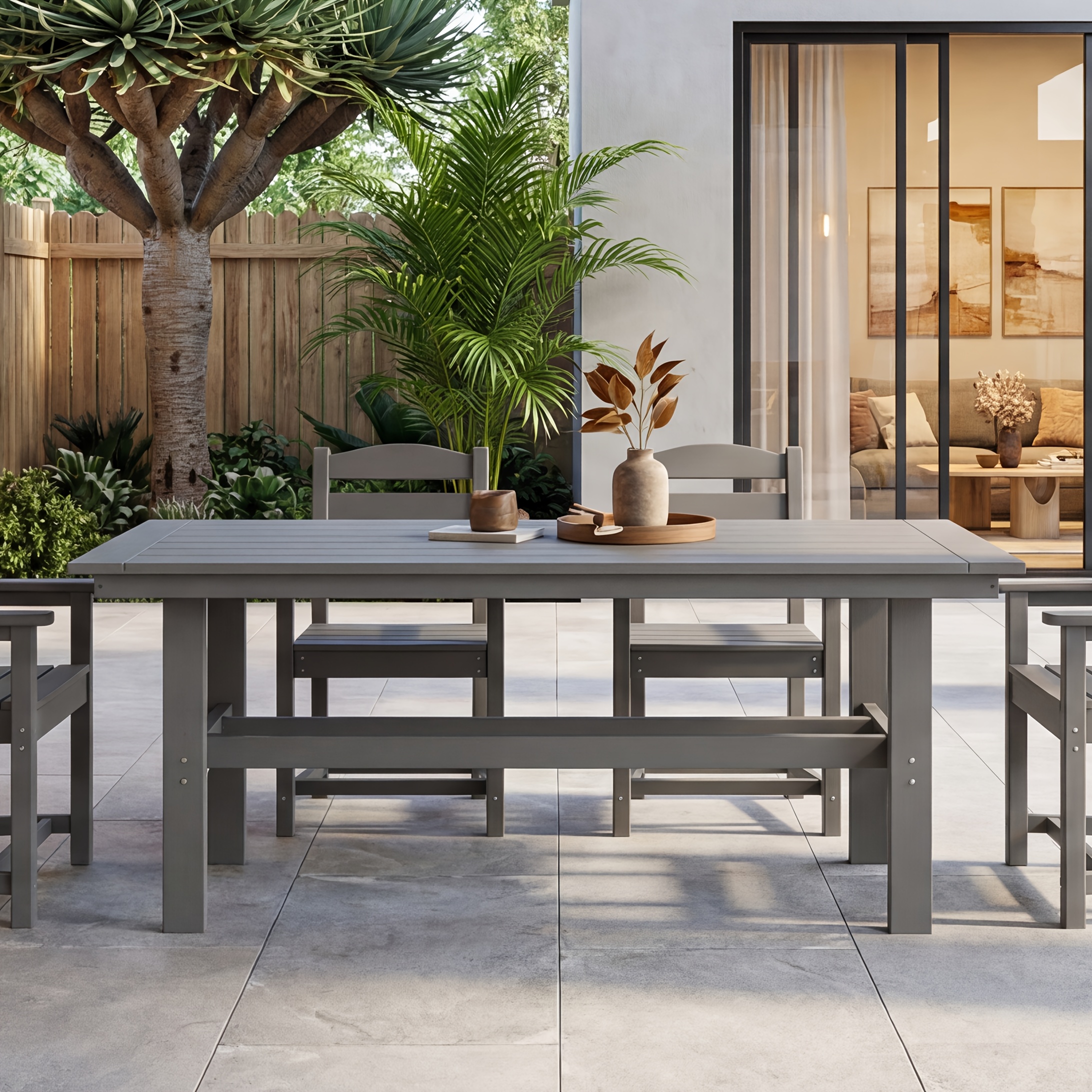 Modern Outdoor Dining Table for 6-Person Rectangle Indoor Outdoor Table with Umbrella Hole & Wood-Like Surface, Weather-Resistant Outside Dining Table for Patio Lawn Garden Backyard, 32.7