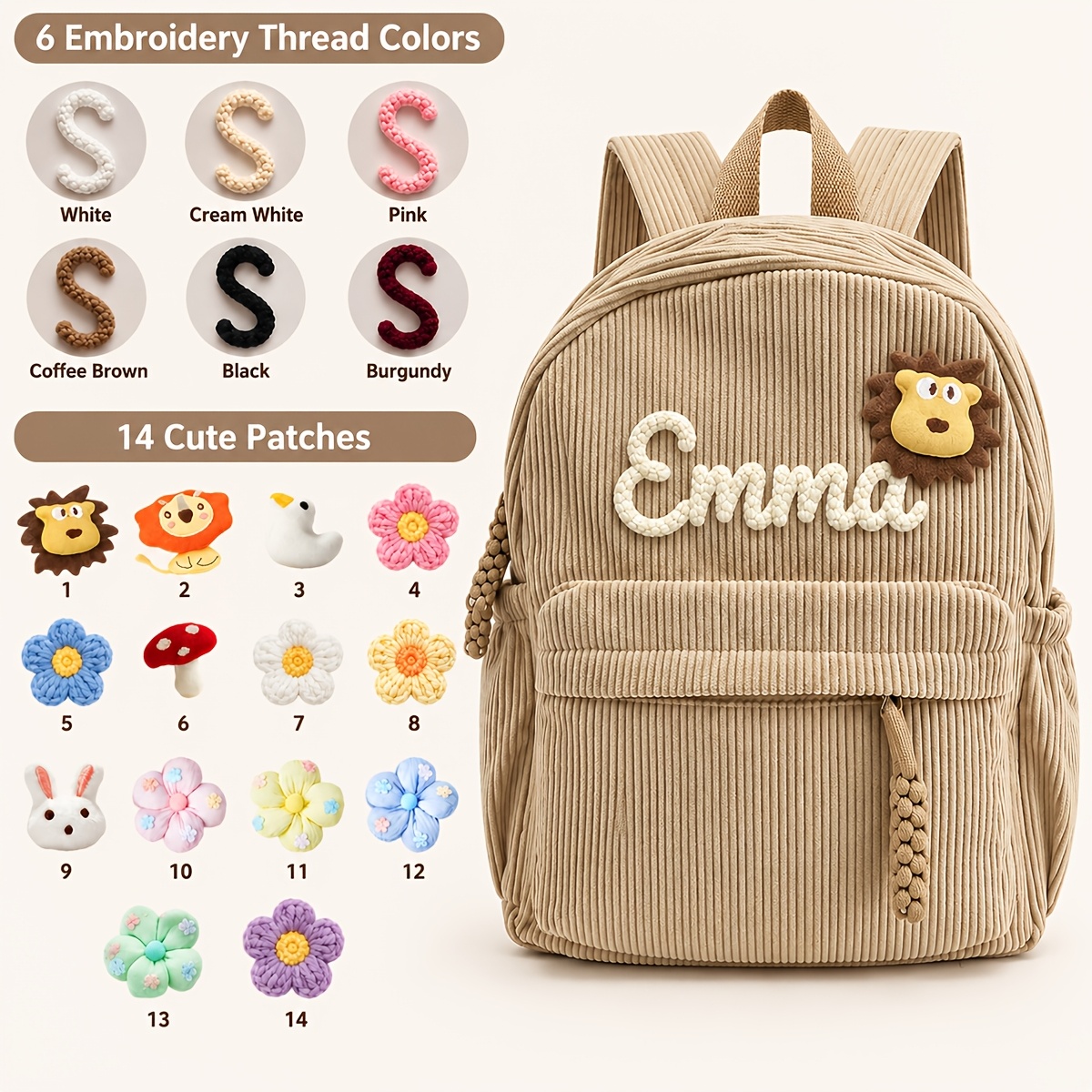 TEMU 1pc Personalized Knitted Custom Corduroy Backpack, Women's Shoulder Bag, Small Size Custom Handmade Letter Rope Embroidery, Flower/lion/duck