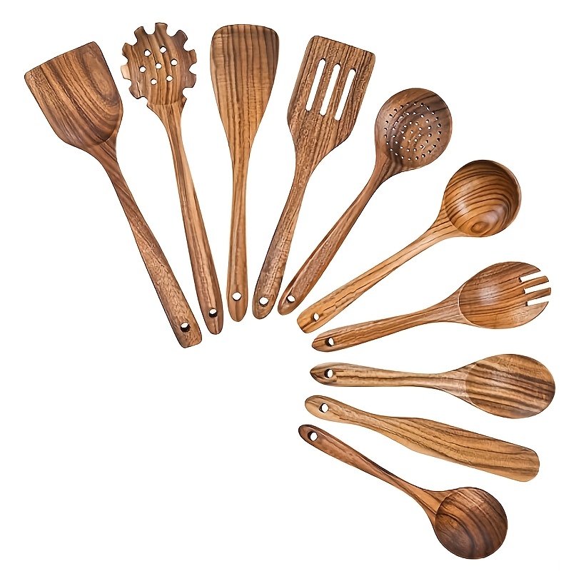 TEMU Wooden Spoons For Cooking 10pcs/3pcs Teak Wood Utensil Set, Durable, Nonstick Safe And Heat Resistant With Ergonomic Handles