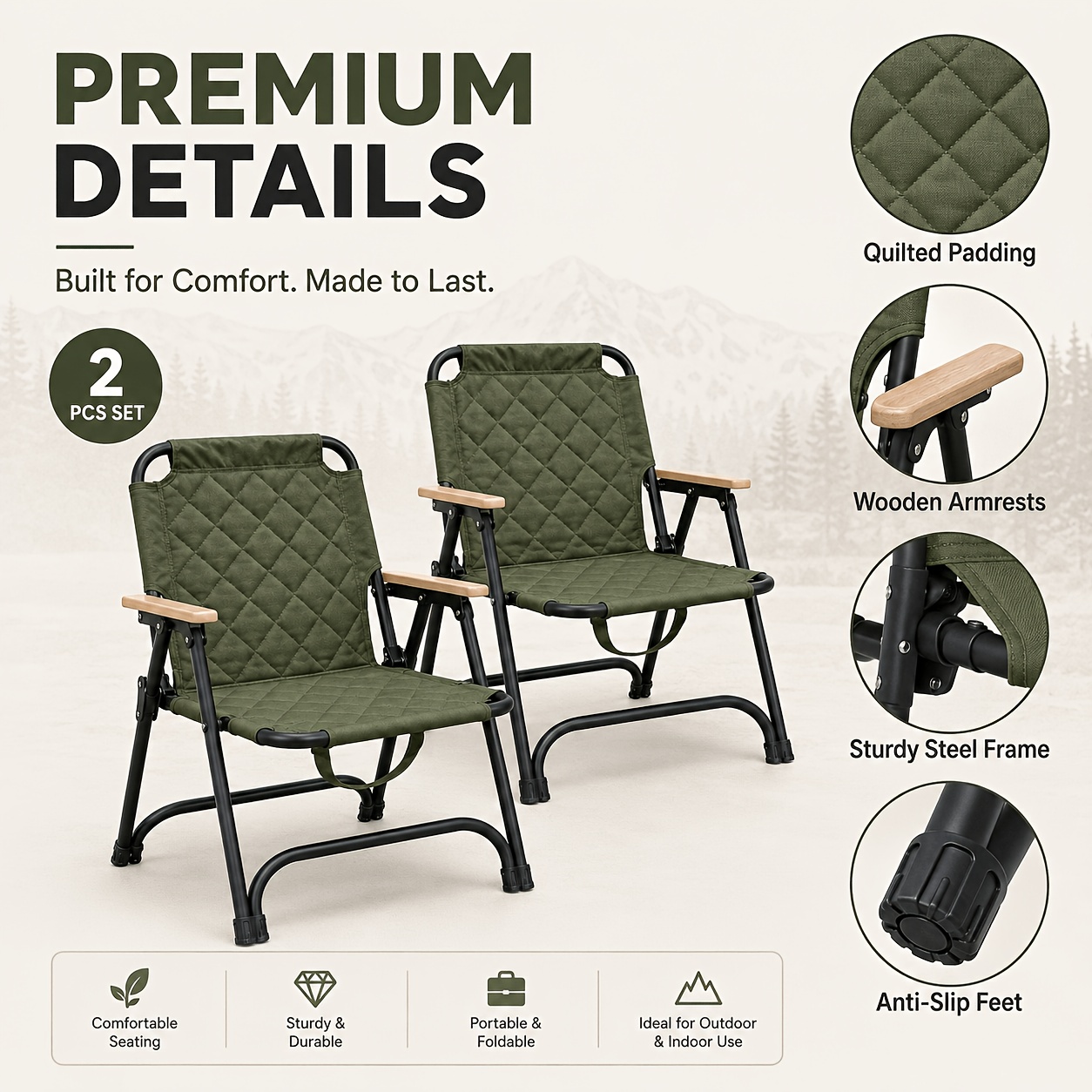 Image of 2pcs Folding Camping Chair, Portable Outdoor Garden Chair, Thickened Cushion, Wooden Armrests, Suitable For Camping, Picnics, And