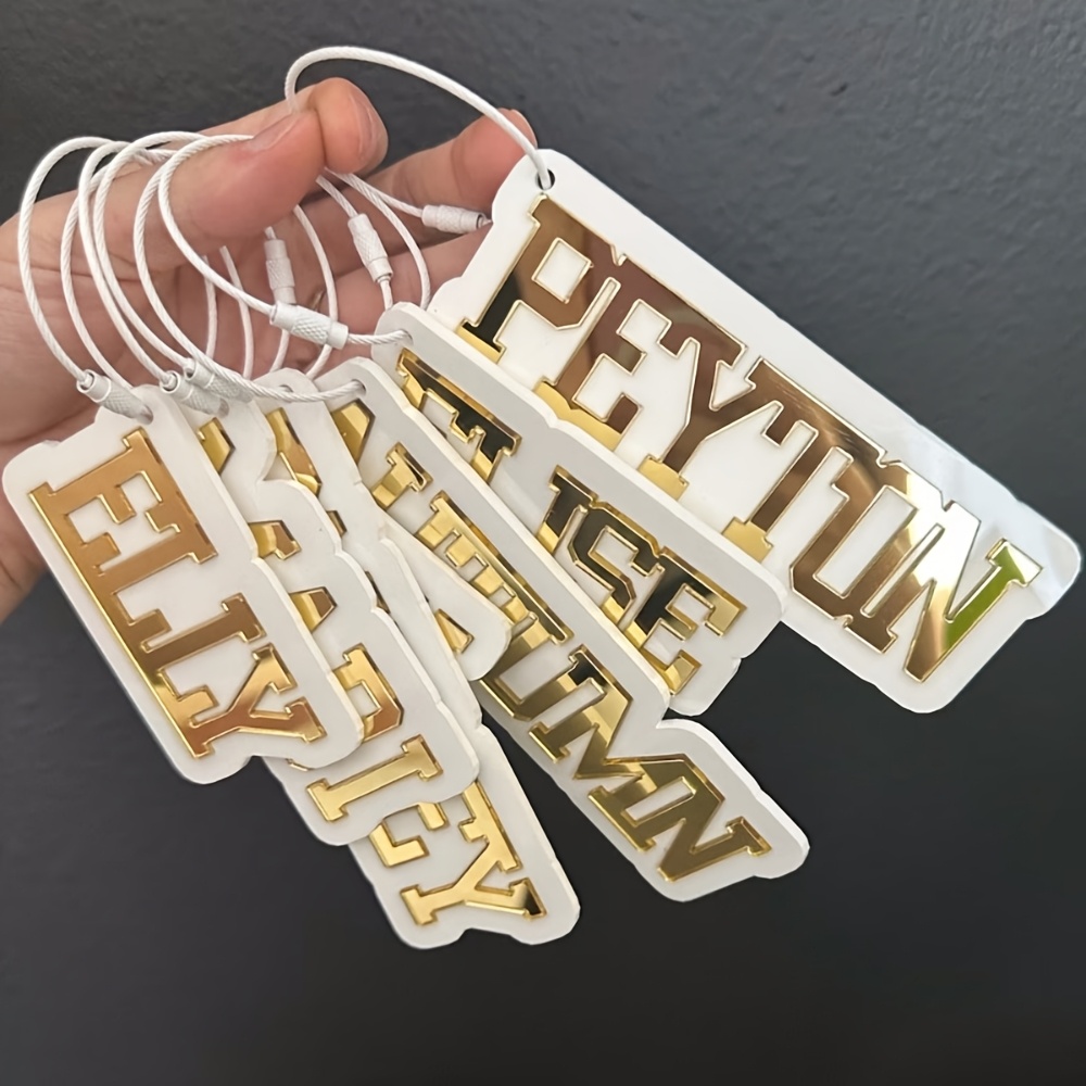 TEMU [2d Flat] [2d Flat] Personalized Acrylic Name Keychain Pendant, Mirror Golden Name White Keychain Pendant, Back-to- Book Bag Decoration