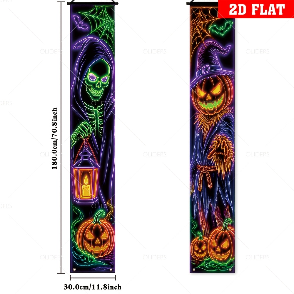 TEMU 2d Flat, 2pcs, Uv Activated, Halloween Theme Front Door Porch Sign Banner,, Lantern, Full Skeleton, Reaper, Pumpkin, , Jack-o'-lantern, Bat,