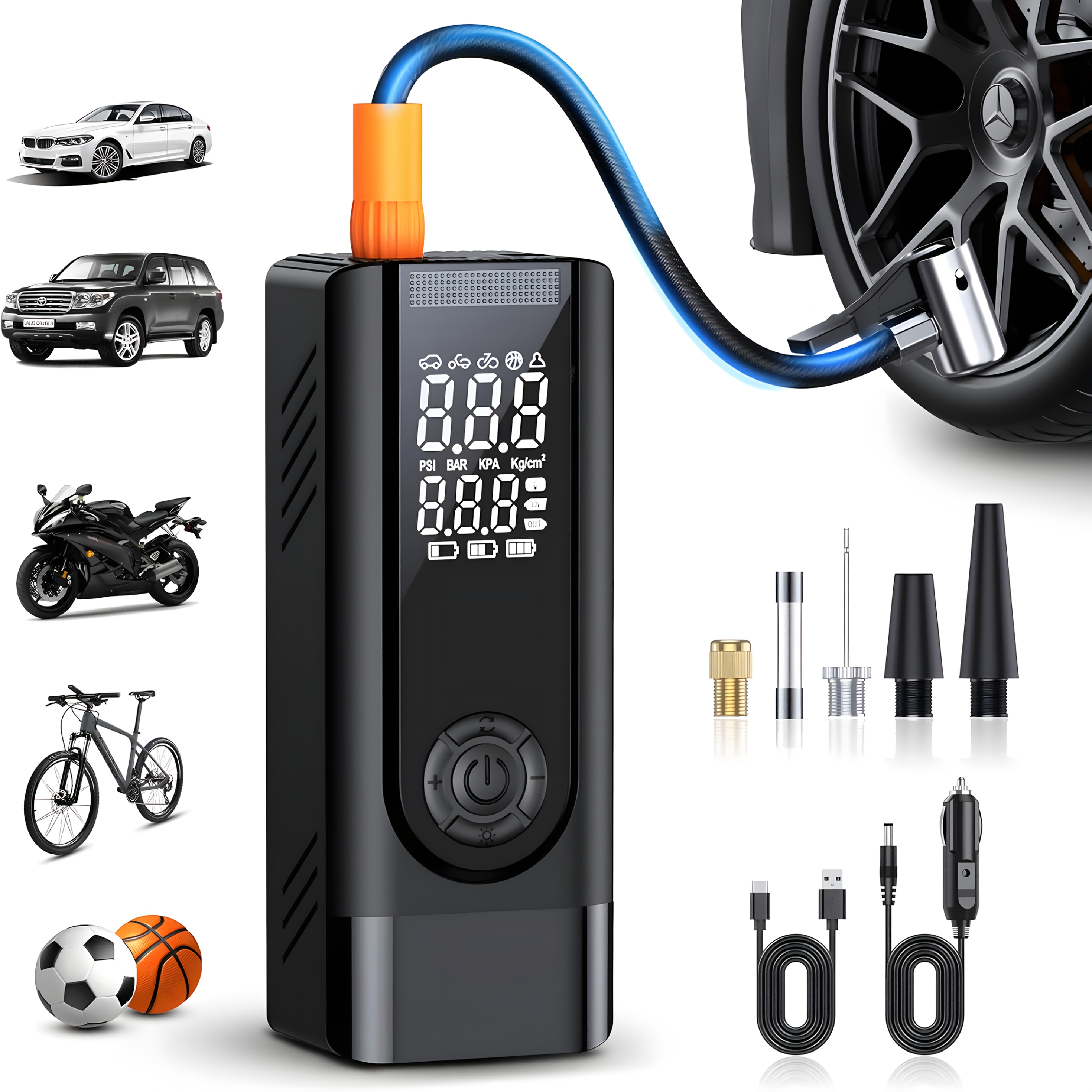 TEMU Portable Tire Inflator With Digital Pressure Gauge, Car Tire Pump, 210 Psi, 22 Cylinders, Rechargeable Battery, Led Light, Cordless Air Pump,