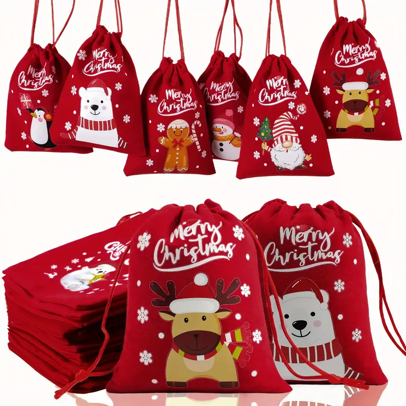 24 件圣诞丝绒抽绳礼品袋 - 节日红色小袋,带有圣诞老人、驯鹿和雪花图案,可重复使用的节日派对礼物袋,用于糖果、珠宝和礼品包装,圣诞礼品袋 商品详情 0